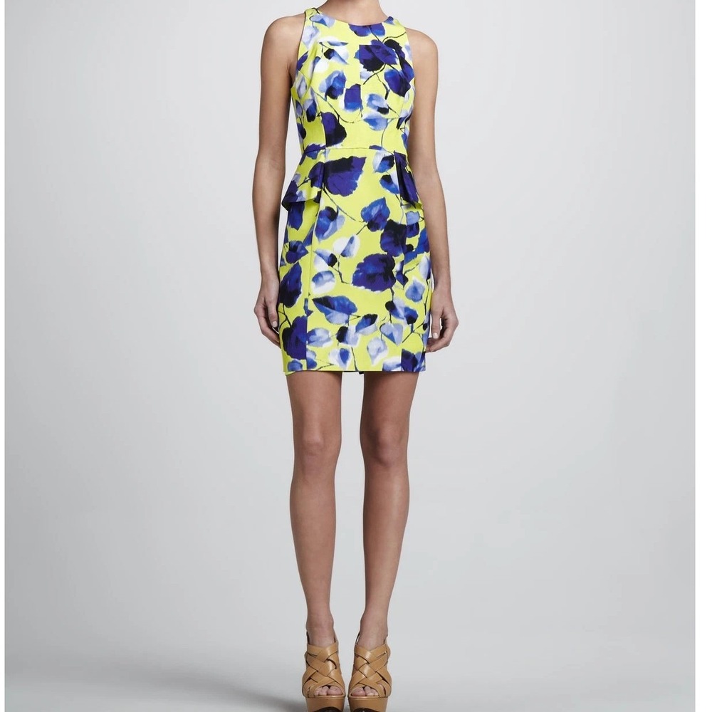 Milly Dress Womens 10 Yellow‎ Blue Floral Peplum Sheath Sleeveless Mini
